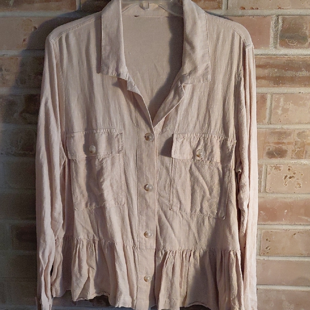 Blush Linen Blend Button Up Peplum Shirt XL Lightweight Boho